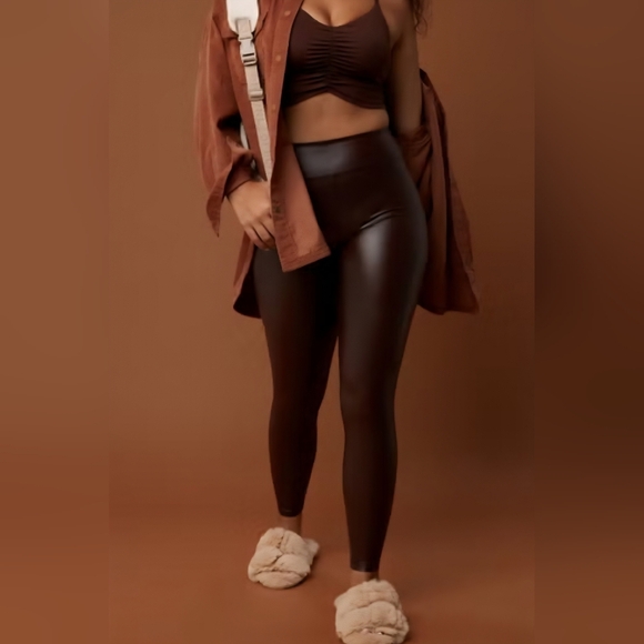 aerie Pants - OFFLINE by Aerie Legging Women Brown Faux Leather NWT High Waisted